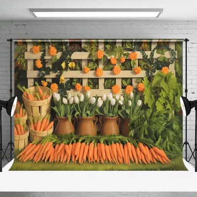 Aperturee Rural Greenery Carrots Floral Spring Photo Backdrop, 3X2FT(1MX0.6M), 14 USD, spring backdrops, NYHD6I03-M