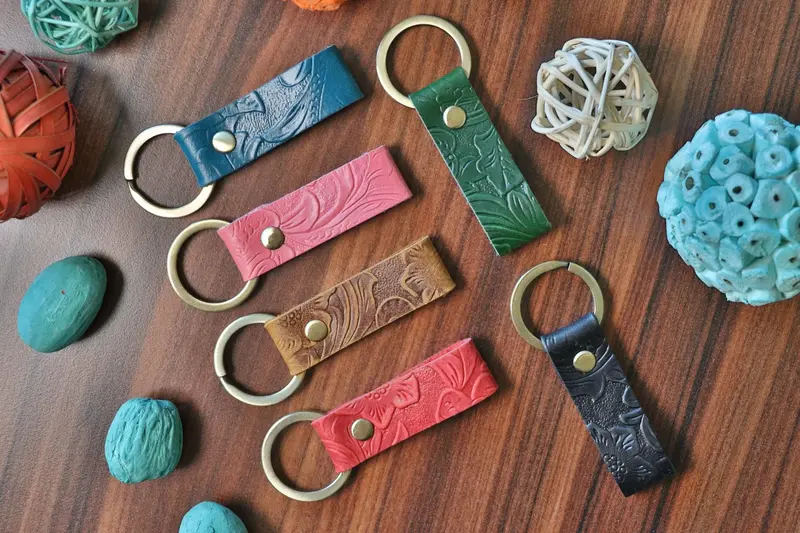 Leather Flower Keychain , Real Leather, Same Day Shipping, Free Shipping US