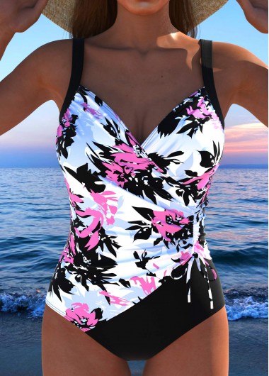 Modlily Drawstring Floral Print Pink One Piece Swimwear - L