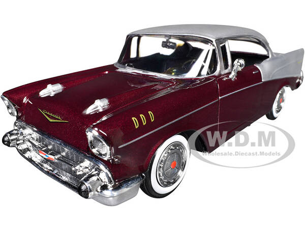 1957 Chevrolet Bel Air Burgundy Metallic and Silver Metallic Timeless Legends Series 1/24 Diecast Model Car by Motormax