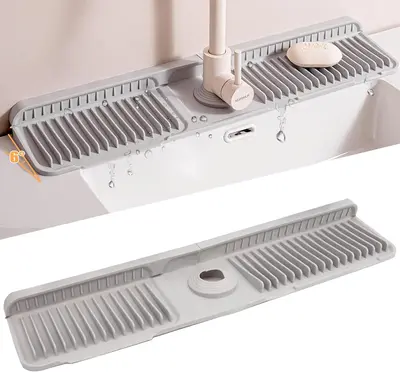 24 Inch Silicone Faucet Splash Guard, Water Draining Sink Mat, Kitchen Counter Protector, Anti-Slip Drain Pad, Fasten Button ...