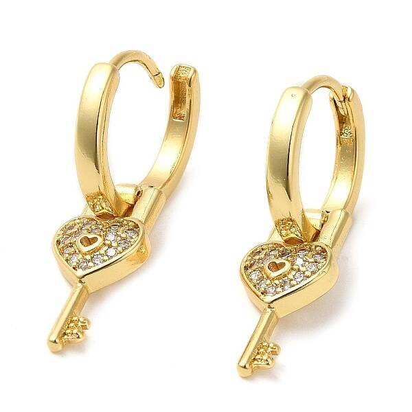 Brass with Cubic Zirconia Heart Key Dangle Hoop Earrings