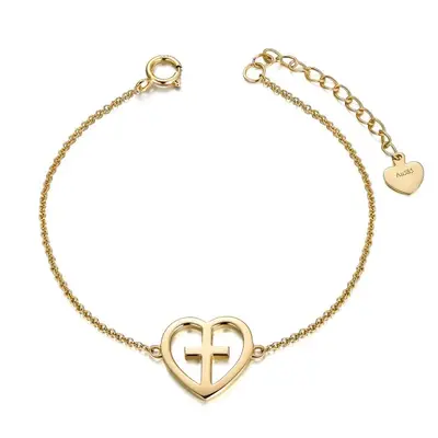14K Gold Cross & Heart Charm Bracelet