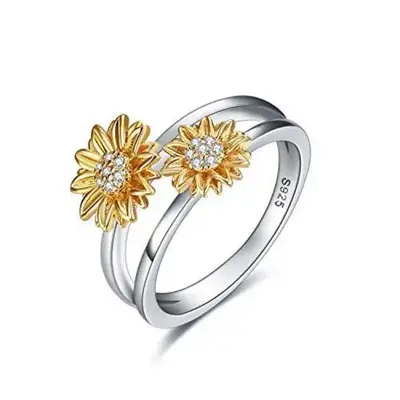 Sterling Silver Two-tone Round Shaped Cubic Zirconia Sunflower Ring