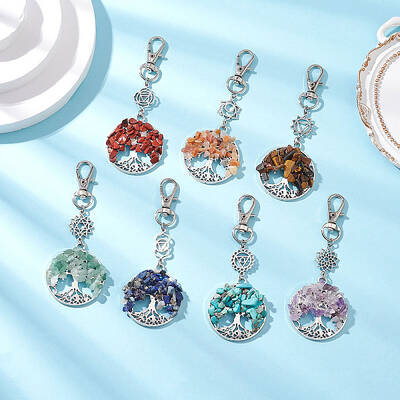 Chakra Natural & Synthetic Gemstone Chips Beads & Alloy Tree of Life Pendant Decorations
