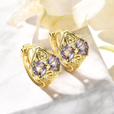 Flower Brass Micro Pave Cubic Zirconia Hoop Earrings