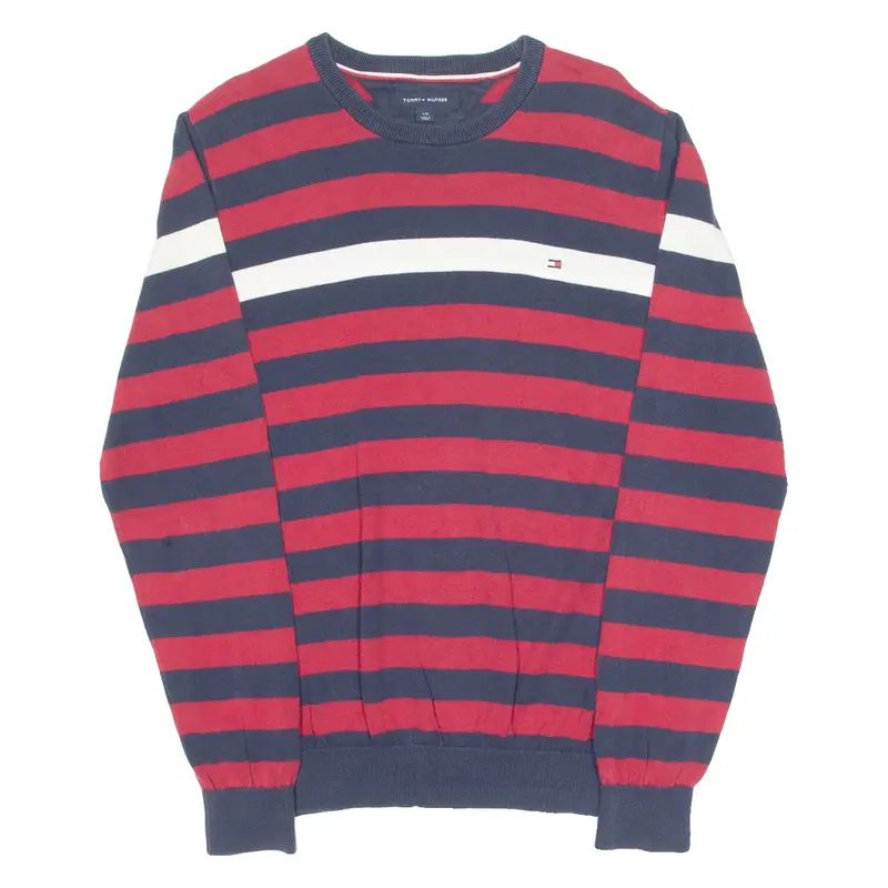 TOMMY HILFIGER Mens Patterned Jumper Red Striped Tight Knit L