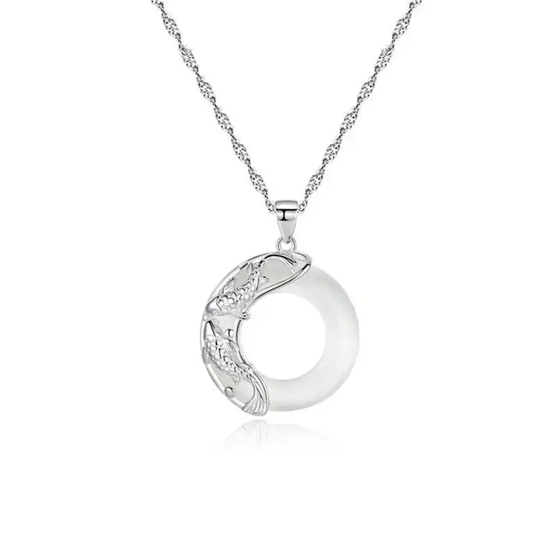 Sterling Silver Buddha Stones White Jade Koi Lucky Necklace