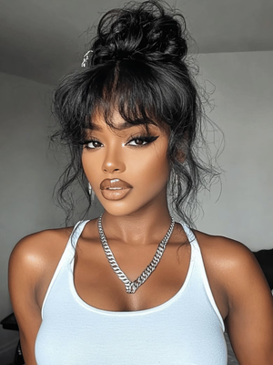 7x5 ByeBye Knots™ Lace Bouncy Black Fluffy Natural Loose Wave Curtain Bangs Wig