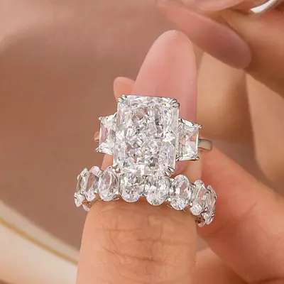 Effinny Three Stone Radiant Cut 8.0ct 2PC Wedding Ring Set,5A Cubic Zirconia Promise Ring, 925 Sterling Silver Bridal Set Rin...