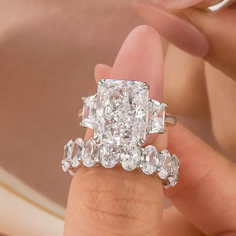 Effinny Three Stone Radiant Cut 8.0ct 2PC Wedding Ring Set,5A Cubic Zirconia Promise Ring, 925 Sterling Silver Bridal Set Rin...