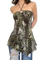 Women's Patchwork Leopard Print Ruffle Trim O-ring Decor Halter Top, Casual Y2K Tie Back Sleeveless Top for Summer, Women's C...