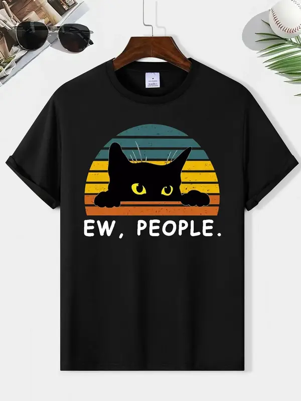 Men's Cartoon Cat & Letter Print Round Neck Tee, Men's Summer Clothes, Regular Fit Casual Short Sleeve Graphic T-Shirt for Su...