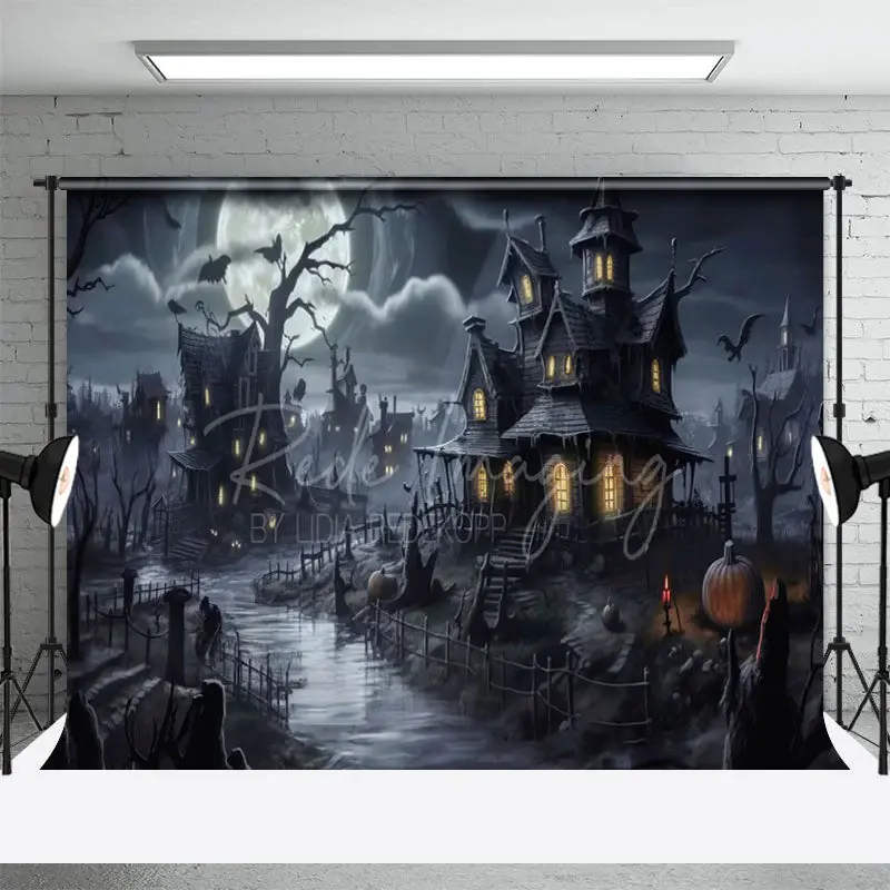 Moon Black Haunted House Halloween Portrait Backdrop - Aperturee