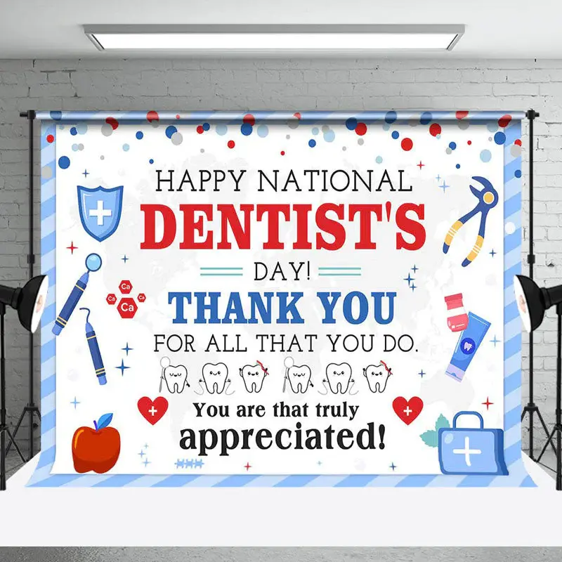 Blue White Dots Happy National Dentists Day Backdrop - Aperturee