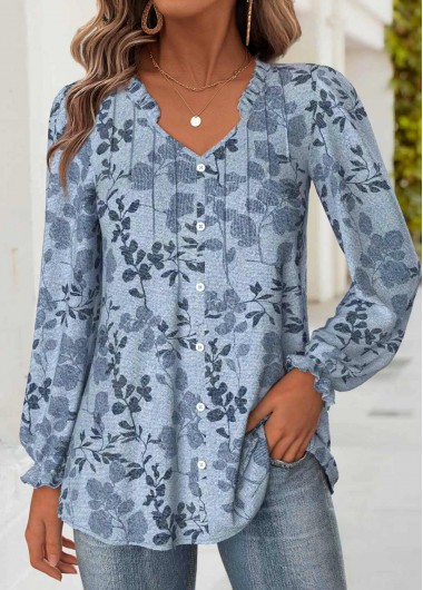 Modlily Denim Blue Tummy Coverage Leaf Print Long Sleeve Blouse - L