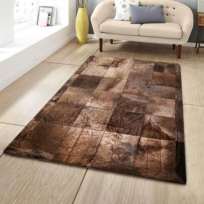Bright Brown Bronze Leaf Cowhide Patchwork Rug