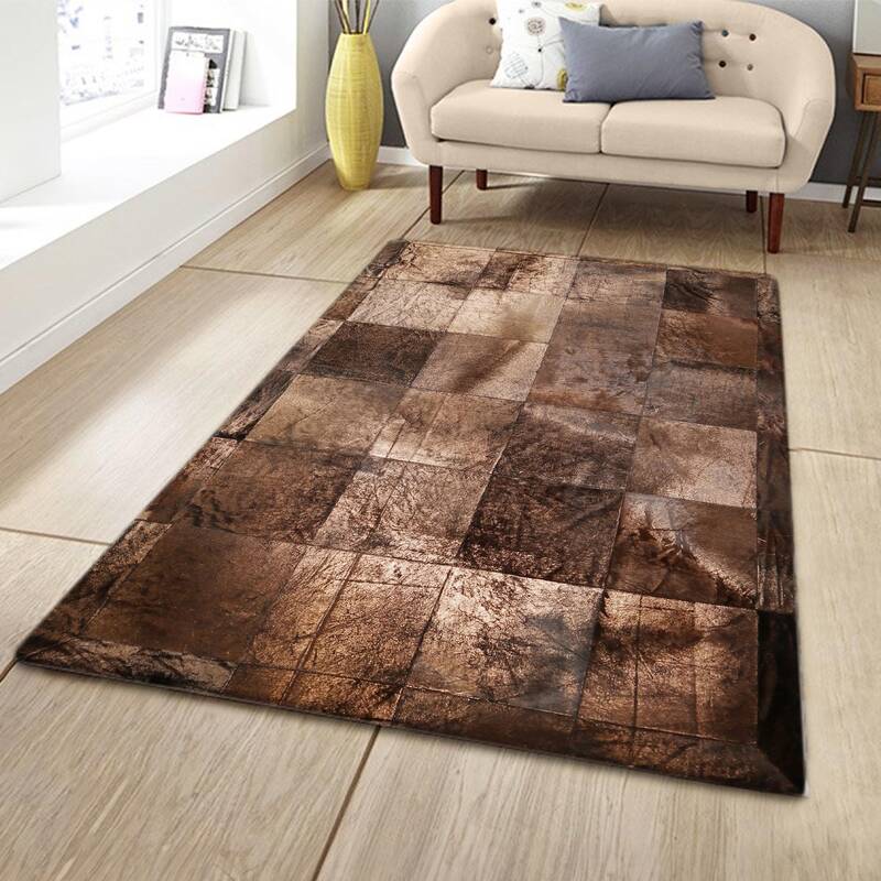 Bright Brown Bronze Leaf Cowhide Patchwork Rug
