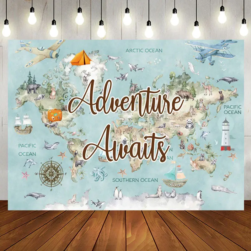 Blue World Map Travel Baby Shower Backdrop For Boy - Aperturee
