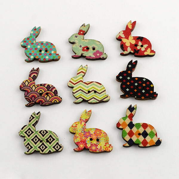 2-Hole Bunny Printed Wooden Buttons
