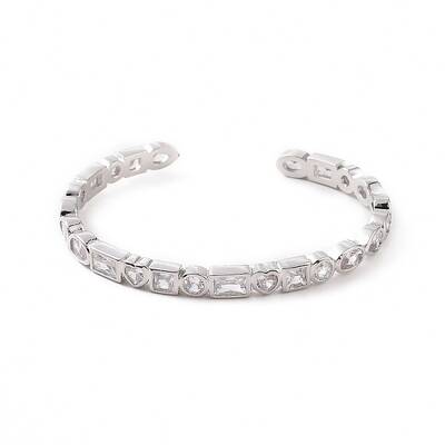 Cubic Zirconia Heart & Rectangle Open Cuff Bangle