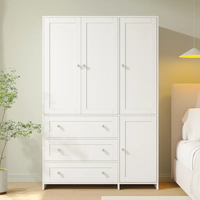 【2 Packages Delivery】VOWNER Wardrobe Closet Armoire Storage Cabinet 3 Doors with Hanging Rod for Hanging Clothes Bedroom ...