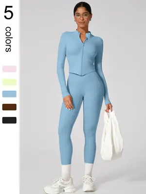 TWO-piece Set Women's Seamless High Elastic Soft Vertical Collar V-shaped Hem Jacket High Waist Beautiful Hip Trousers Yoga C...