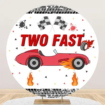 White Racing Car Two Fast Round Birthday Backdrop