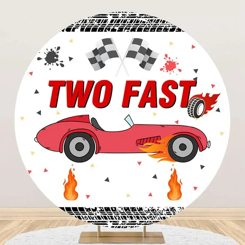 White Racing Car Two Fast Round Birthday Backdrop