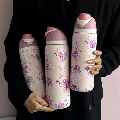 Floral Pattern Vacuum Flask, 1 Count Portable Insulated Water Bottle with Straw, Drinking Cup for Home Office School Outdoor ...