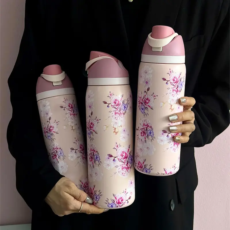 Floral Pattern Vacuum Flask, 1 Count Portable Insulated Water Bottle with Straw, Drinking Cup for Home Office School Outdoor ...