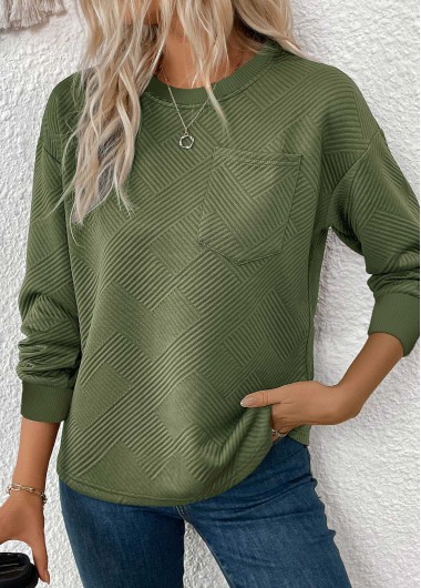 Modlily Olive Green Jacquard Long Sleeve Round Neck Sweatshirt - XL