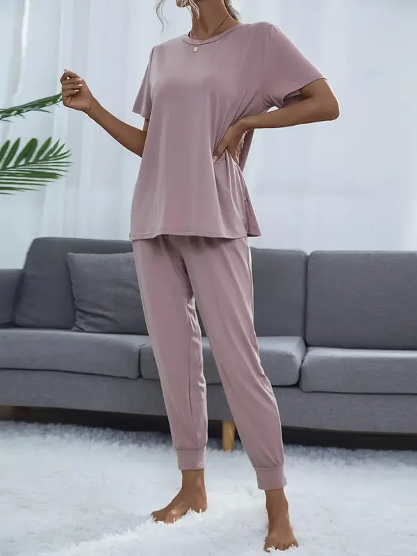 Women's Round Neck Tee & Drawstring Waist Cropped Pants Loungewear Set, Casual Lounge Set, Crew Neck Short Sleeve T-shirt & P...