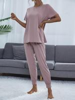 Women's Round Neck Tee & Drawstring Waist Cropped Pants Loungewear Set, Casual Lounge Set, Crew Neck Short Sleeve T-shirt & P...