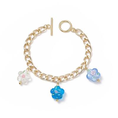 Lampwork Flower Charm Bracelet with Aluminium Curb Chains for Women