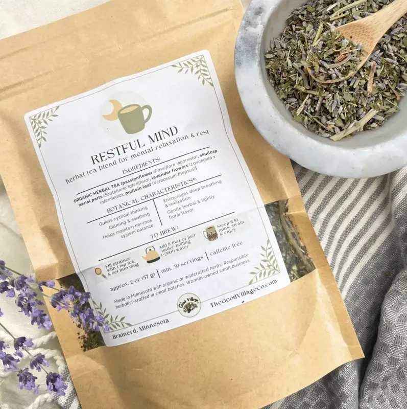 Restful Mind: Herbal Tea Blend for Nighttime Overthinkers (Caffeine-Free) Organic Herbal Traditional Loose Leaf Tea for Menta...