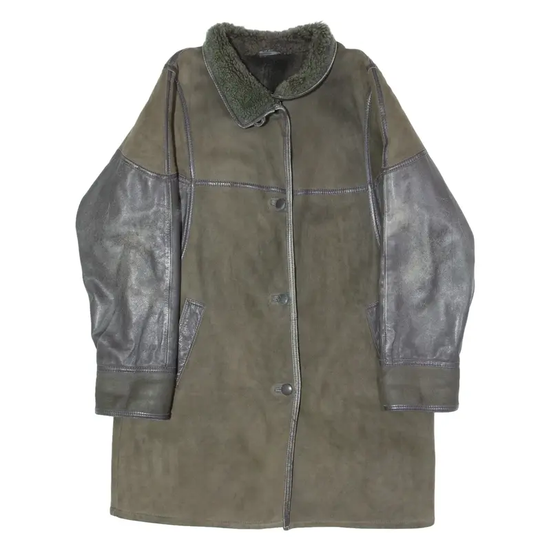 KESTILA Womens Overcoat Coat Green Shearling Suede 90s Colourblock XL