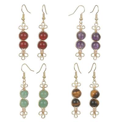 4 Pairs 4 Style Natural Mixed Genstone Round Beaded Dangle Earrings