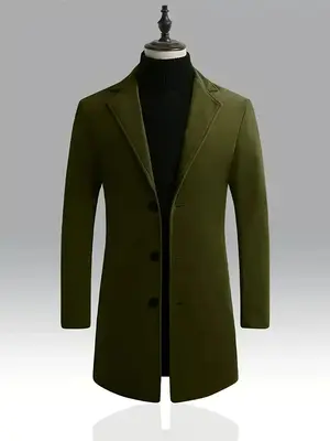 Men's Button Front Long Sleeve Business Coat, Slim Solid Lapel Collar Outerwear Tops for Work Office, Men Designer Clothes, B...