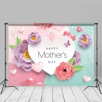 Purple 3D Succulents Heart Pink Mothers Day Backdrop - Aperturee