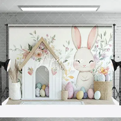 Aperturee Floral Wall Bunny Eggs House Easter Photo Backdrop, 3X2FT(1MX0.6M), 14 USD, easter backdrops, ENHD3J09-M