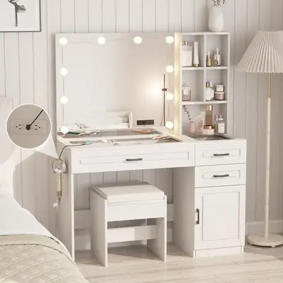 Vabches Vanity Desk Large Vanity Table With Glass Top And Lots Storage