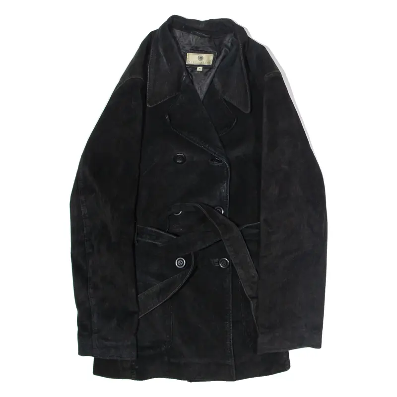 THE OUTER EDGE Womens Trench Coat Black Leather Suede 90s M