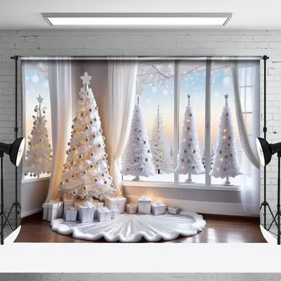 White Christmas Tree Windows Photoshoot Backdrop - Aperturee