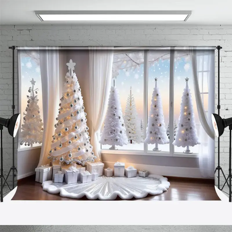 White Christmas Tree Windows Photoshoot Backdrop - Aperturee