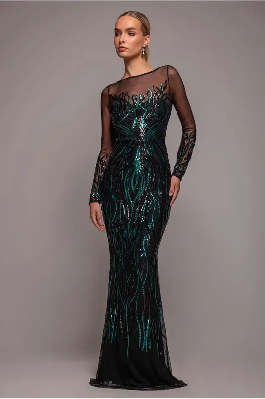 Goddiva Long Sleeve Sequin Flame Maxi - Emerald Green