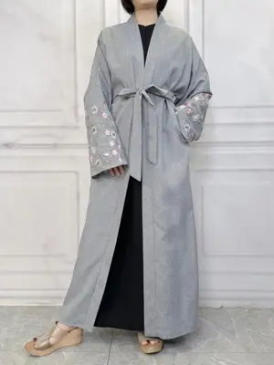 Women's Floral Embroidery Belted Abaya, Modest Long Sleeve Abaya for Daily Wear, Women's Islamic Clothing for Spring & Fall