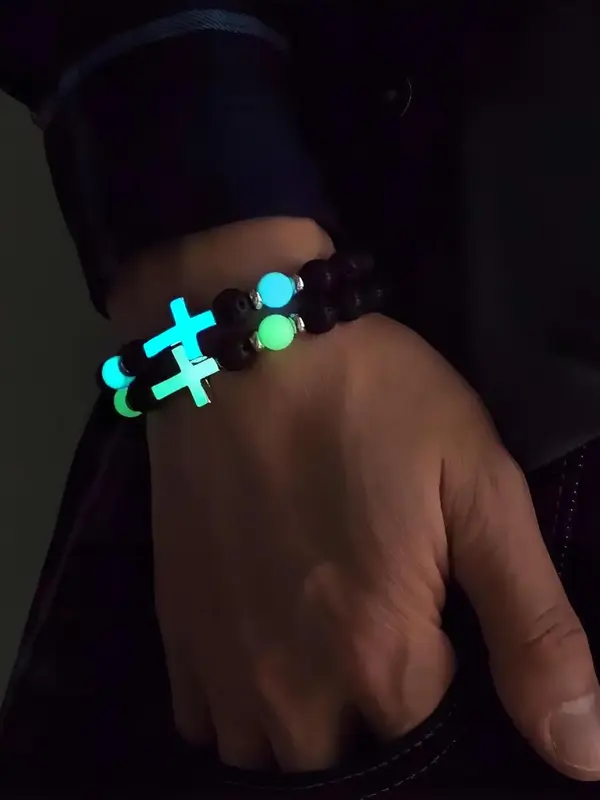 Luminous Cross Design Beaded Bracelet, Fashionable Jewelry for Women & Men, Trendy All-match & Exquisite Jewelry for Birthday...