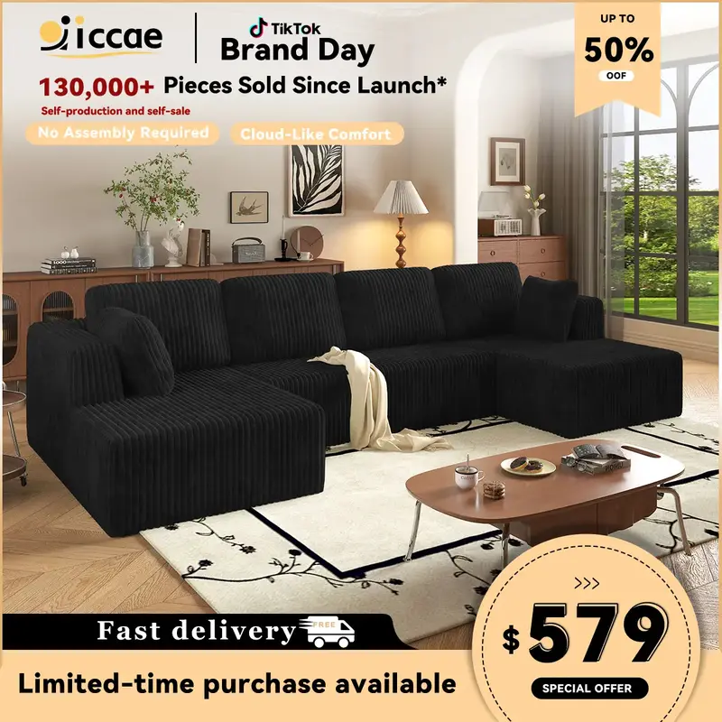 [3 Packages Shipping] Niccae 132''  U-shape modular corduroy sofa  - modern and suitable for living room, comfortable，No As...