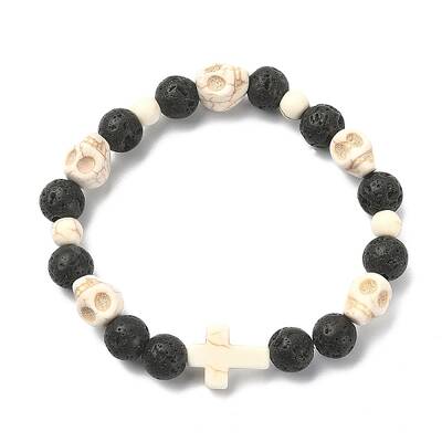 Dyed Natural & Synthetic Mixed Gemstone Skull & Cross Beaded Stretch Bracelets